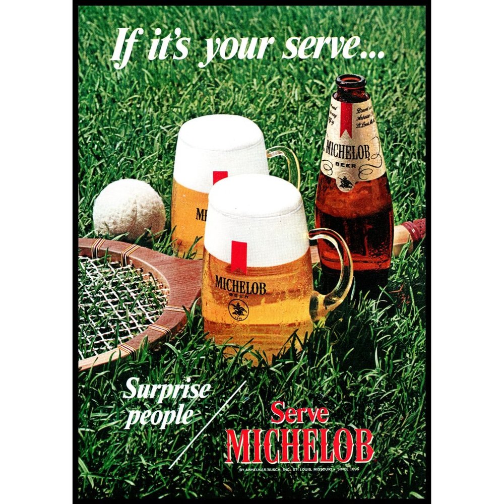 1972 Michelob Beer Vintage Print Ad Tennis Racket Ball Your Serve Full Color Art